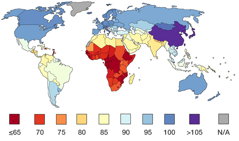 Carte mondiale du QI, quotient intellectuel, par pays
