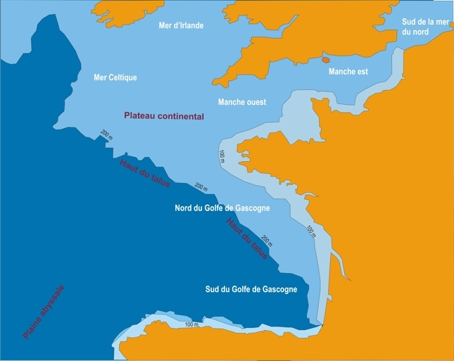 Schema du plateau continental à l'Ouest de la France.