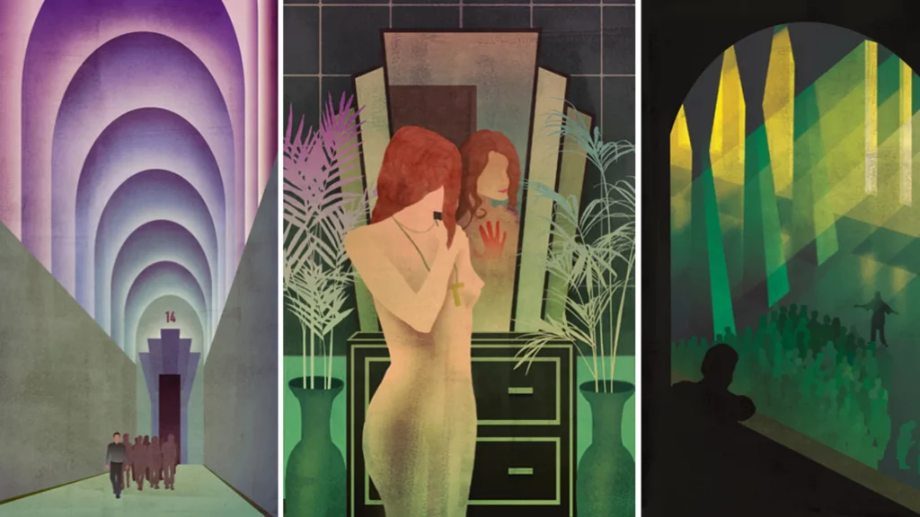 Illustration de Finn Dean pour une édition Folio Society de Brave New World d'Aldous Huxley (2013) : grand intérieur architectural néon évoquant la fusion du religieux et du scientifique dans la dystopie huxleyenne.